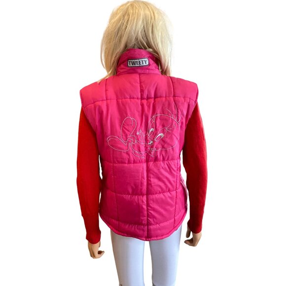 Vintage 90's Tweety Bird Looney Tunes Hot Pink Puffer Vest Junior 14/ Women S - Picture 3 of 14